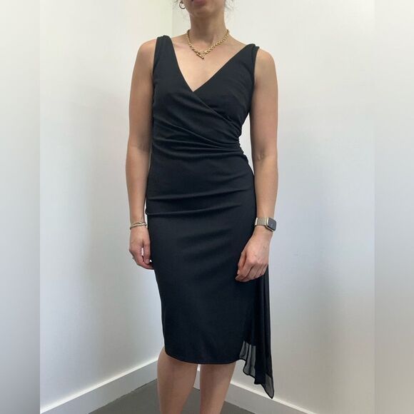 Express Vintage 90's/Y2K Black Asymmetric Ruched Sleeveless V-neck Dress Size S - Picture 3 of 9